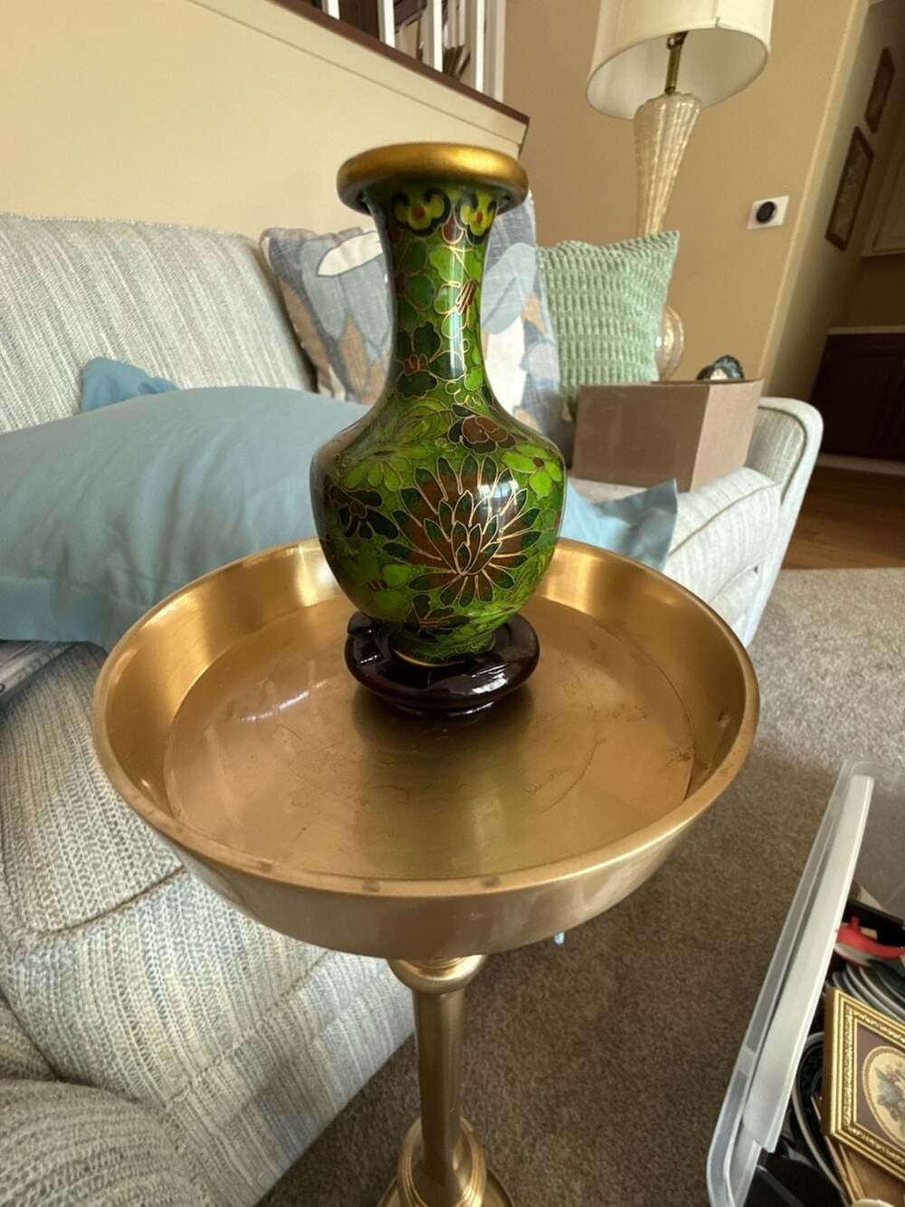 Vintage Asian Cloisonne Enamel Brass Vase Green Floral With Wood Stand